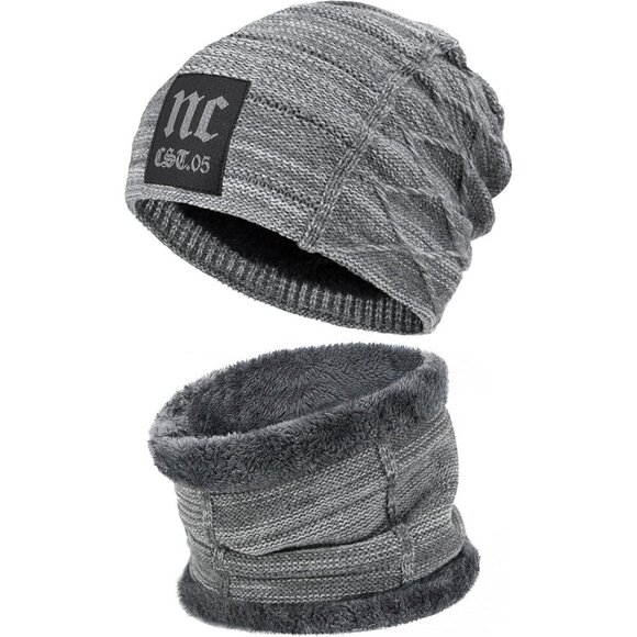 No Brand Other - 🆕 Men Grey Fleece Lined Winter Cap Beanie Scarf Set Knit Neck Warmer Nice Hat